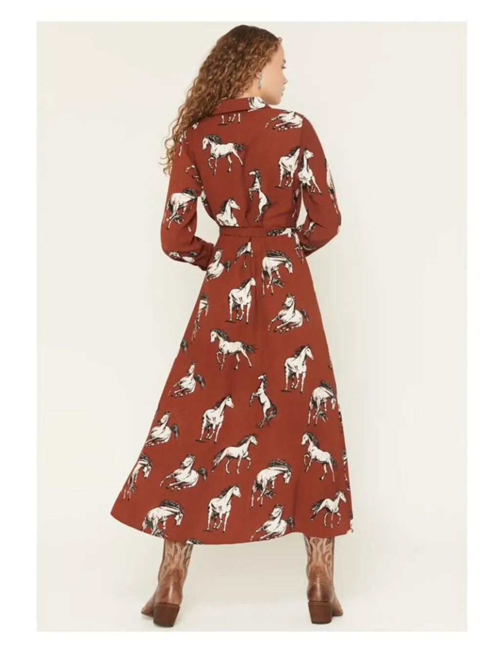 Cotton & Rye Brown White Horse Print Waist Tie Midi Dress Sz L